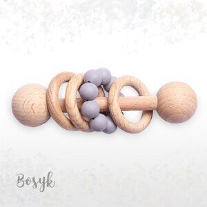 NEW -Wood Rattles Gray -Toys Wood - Baby Girls -teething bracelet - teething toy
